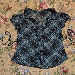 Blue Plaid Ruffle Button-Front Top